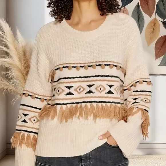 DRIFTWOOD Cream and Brown Patterned Sweater | Size L - Picture 3 of 3